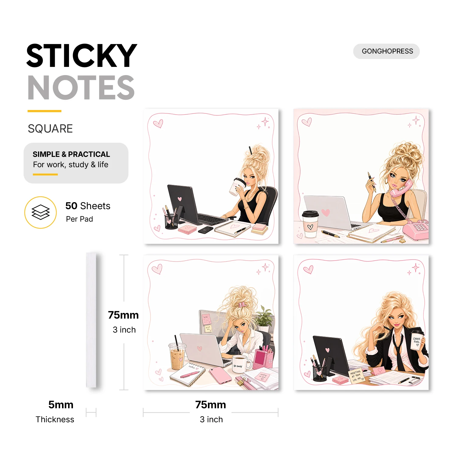 4PCS Fashion Office Sticky Notes 200 Sheets Work Desk Coffee Laptop Memo Pads Planner Reminder Self Adhesive Stationery