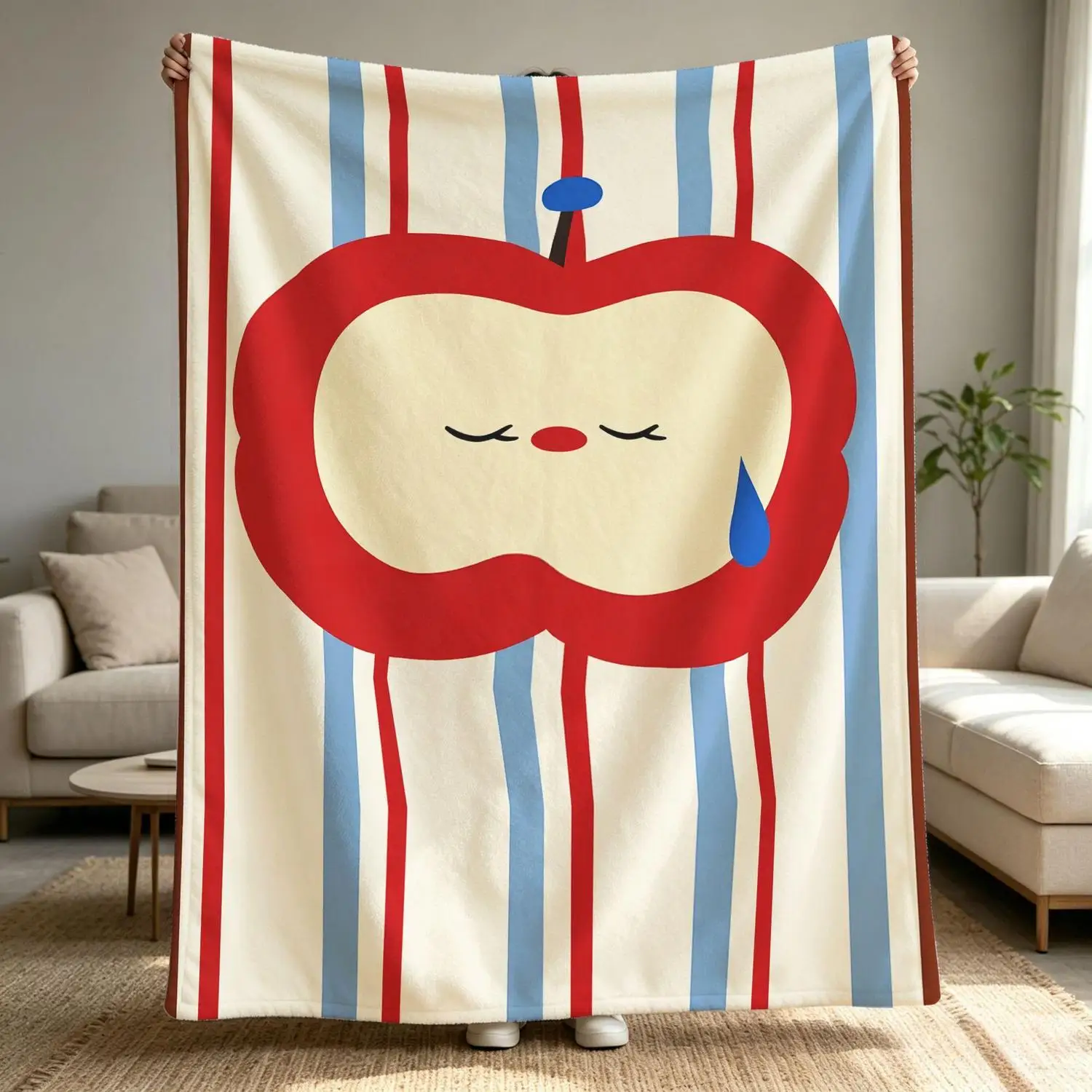 [Flannel Blanket] Cute Crying Apple Blanket, Fruit Pattern Blanket, Soft and Cozy Bedroom Decor, Japanese Striped Style Gift
