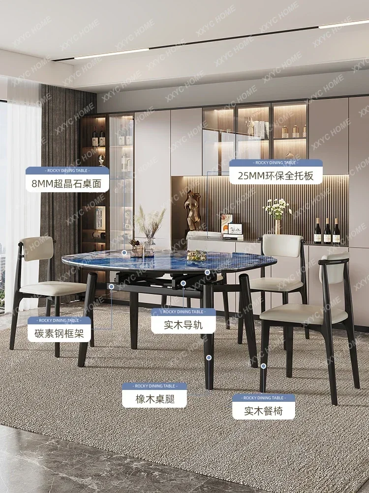 

Retractable Household Marble Folding Light Luxury Super Crystal Stone Variable round Dining Tables and Chairs Set