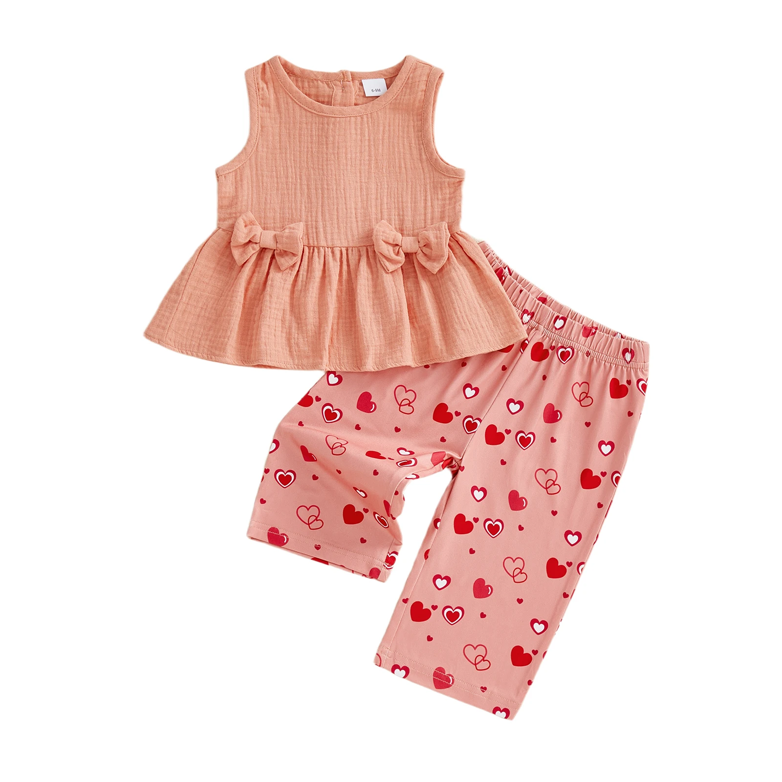 เสื้อกล้ามแขนกุดสำหรับเด็กผู้หญิงและชุดกางเกงพิมพ์ลายดอกไม้ชุดฤดูร้อนพร้อมคอกลมและรายละเอียดการแต่งระบาย