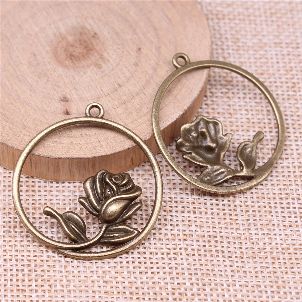 WYSIWYG 4pcs Charms Rose Flower 36x33mm Antique Making Pendant Vintage Tibetan Silver Color Antique Bronze DIY Handmade Jewelry