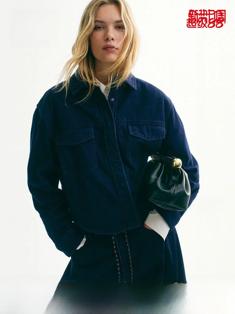 

Spring New Women's Denim irt Casual Sle Long Sve Button Detail Cotton Polyester Blend H&M 32209