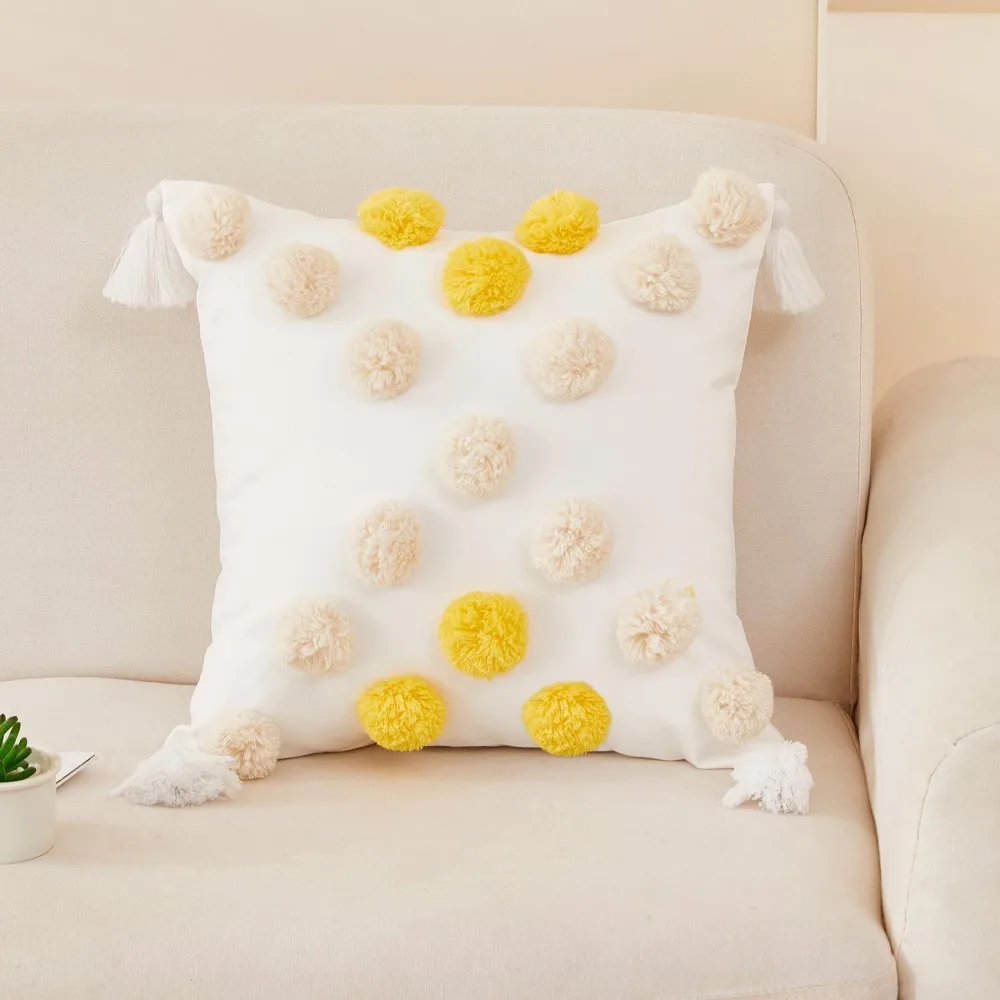 Pillowcase Single-Sided Pattern Cushion Cases Plush Ball Pillow Covers Tassels Contrast Color Home Decor Sofa Throw Pillow Case