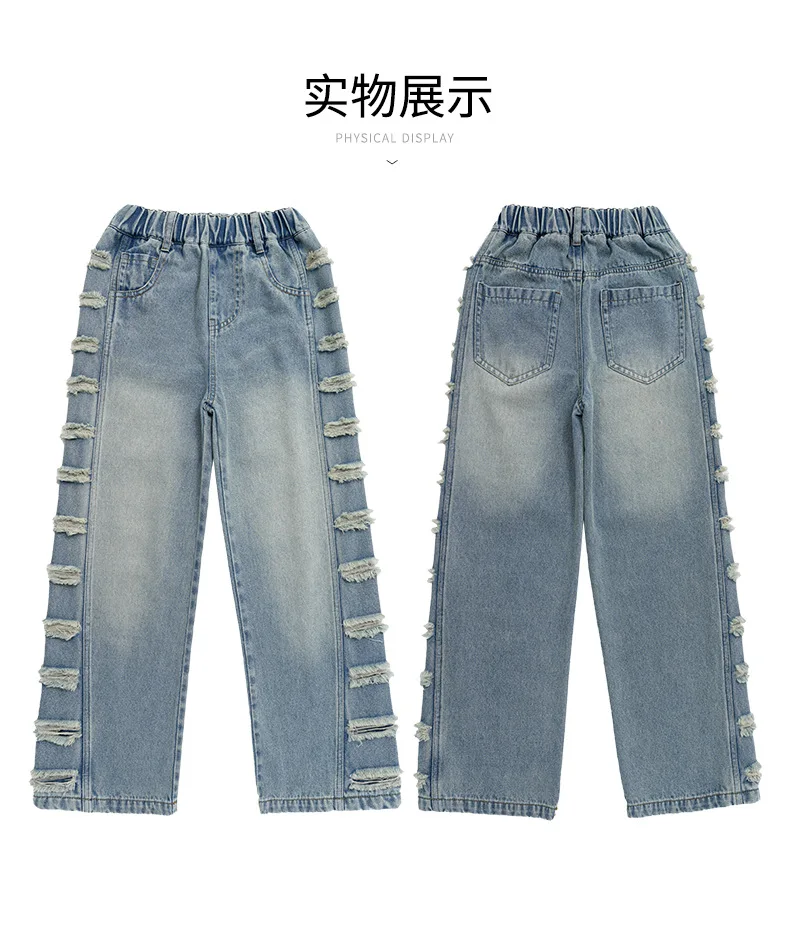 جينز ربيعي للأطفال البنات لعام 2025 سروال جرس مرن للأطفال ممزق بنطال ذو قصة أرجل واسعة من قماش الدنيم بنطلون خريفي 4 5 8 10 11 12 13 سنة #3