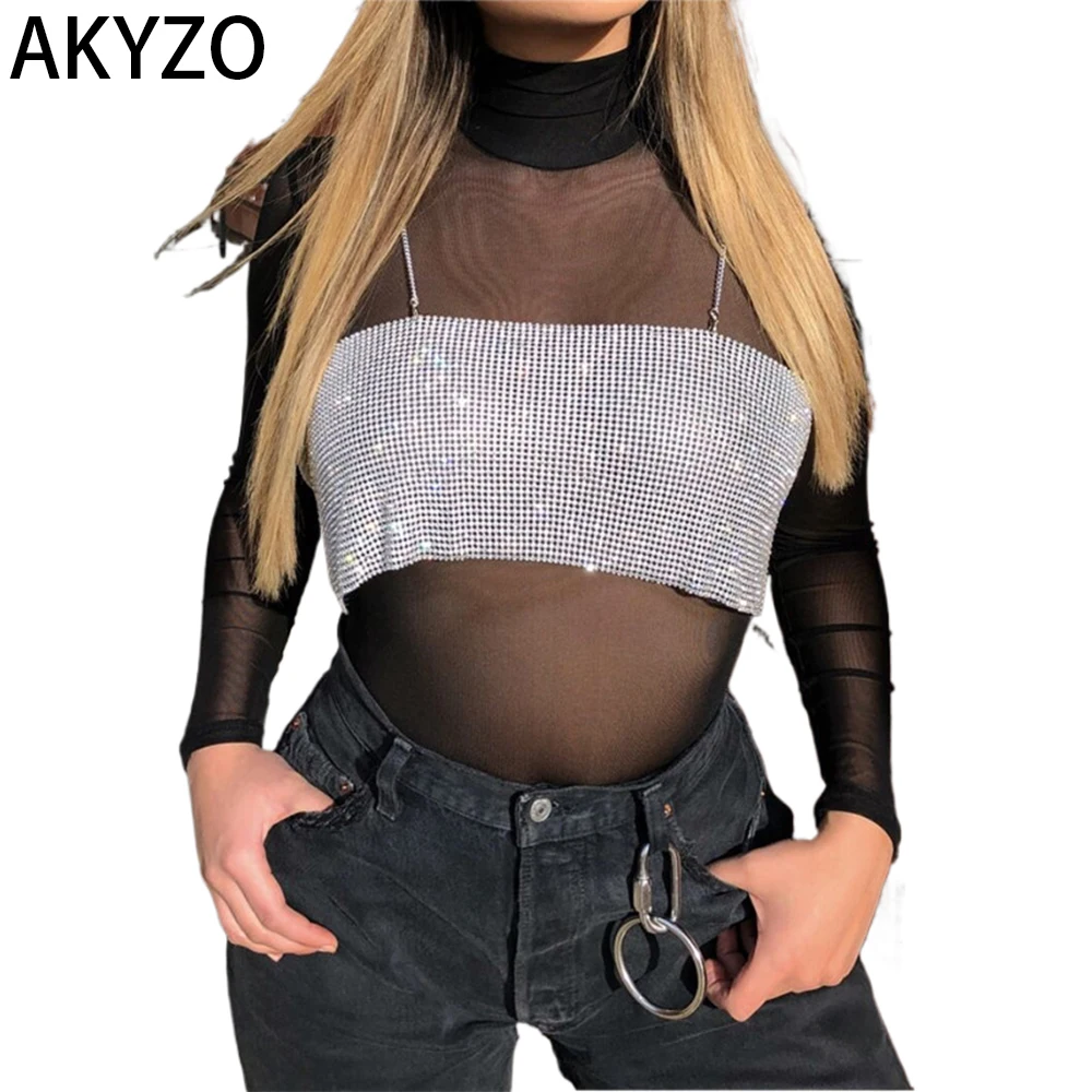 

AKYZO Sheer Sequined Spaghetti Strap Top SexySleeveless Cami Top For Summer Women's Clothing