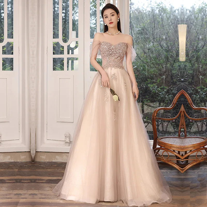 

Exquisite Strapless Evening Dresses 2022 New Eelgant Beading Sequins Lace Up Floor Length Banquet Party Dress Female