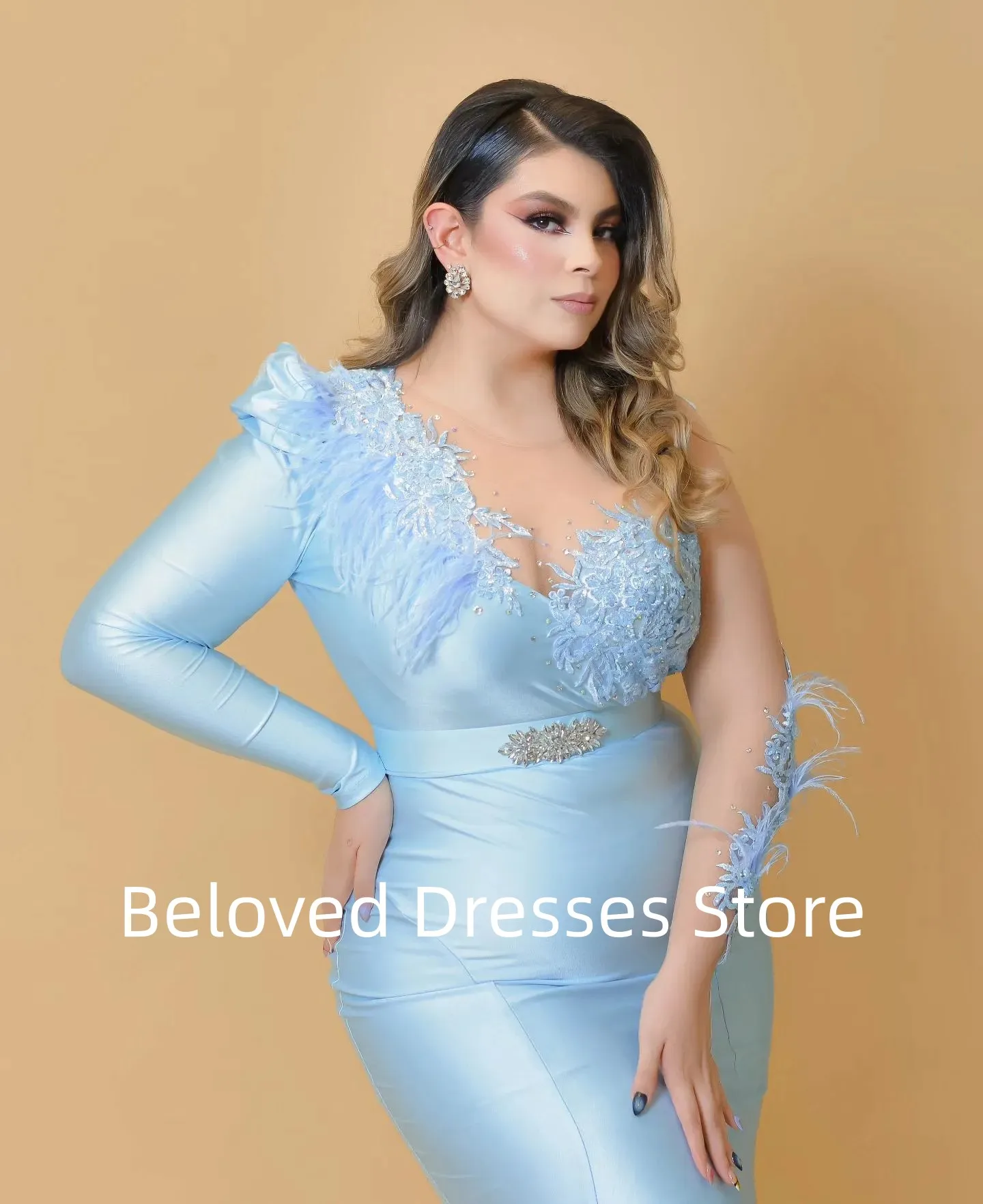 Sparkling Diamond Mermaid Evening Dress Big Round Leader Decal Feather Ball Dress Plus Size Sexy Fishtail Style FormalPartyDress