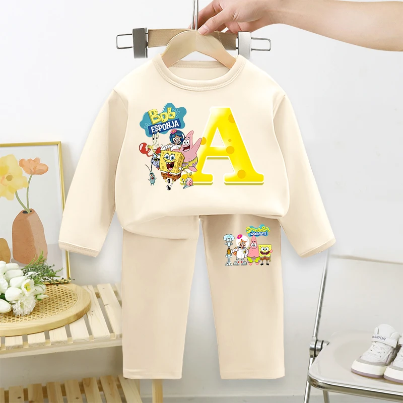 

SpongeBob SquarePants Boy Girl Sleepwear Children Pyjamas Baby Shirt Tops Home Wear Kid Long Sleeved and Long Pants Set Clothes