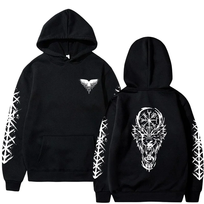 Mythical Street Male Hooded Sweatshirt - Brutal Wolf Head and Mystical Rune Compass Print - Comfortable Casual Hooded Shirt