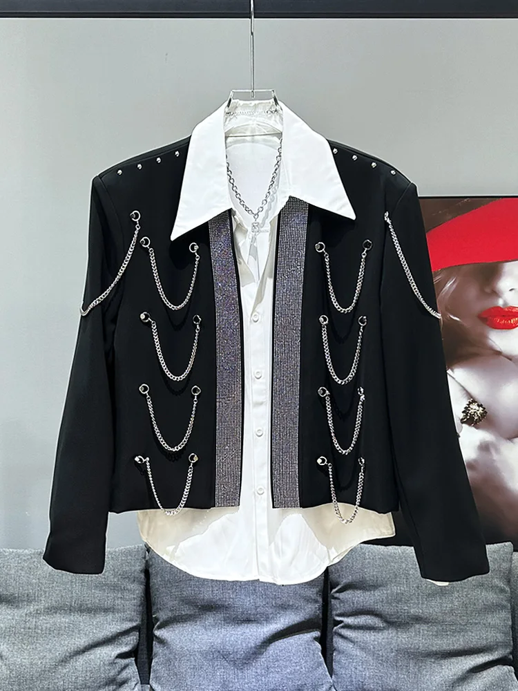 

Модная мужская куртка с металлической цепочкой и бахромой, с воротником-стойкой, повседневная, весенняя, индивидуальная, с бриллиантовым декором