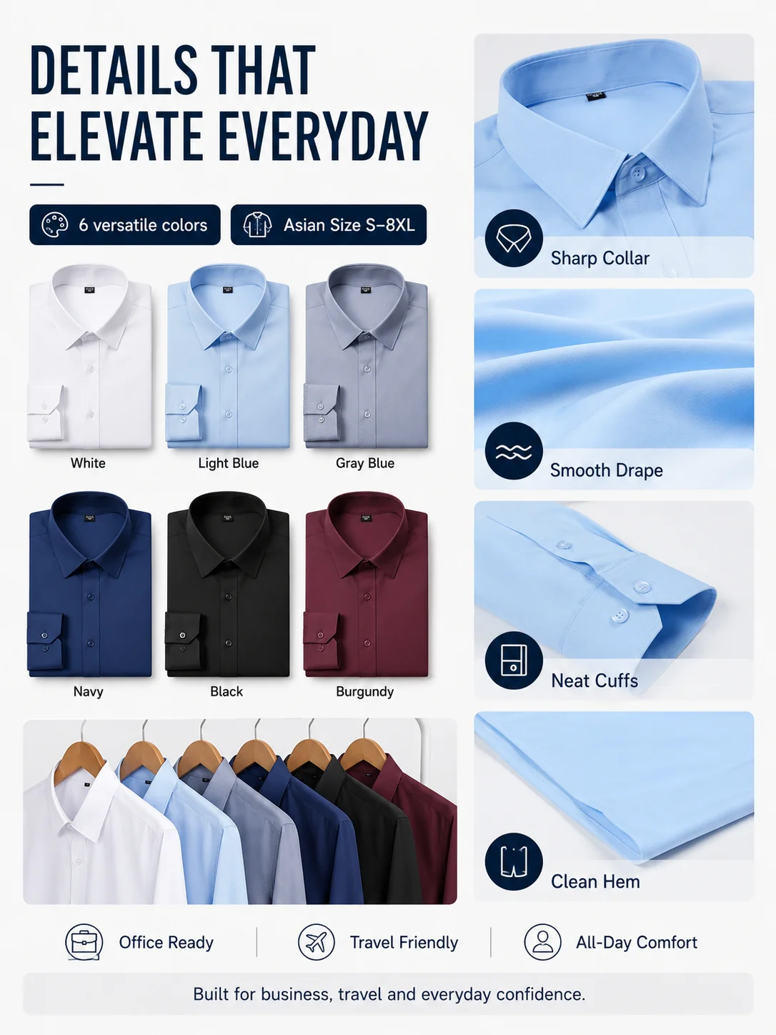 Mens Non-Iron Stretch Dress Shirt Long Sleeve Wrinkle-Free Business Casual Office Shirt Breathable Easy Care Formal Workwear Top - view 6