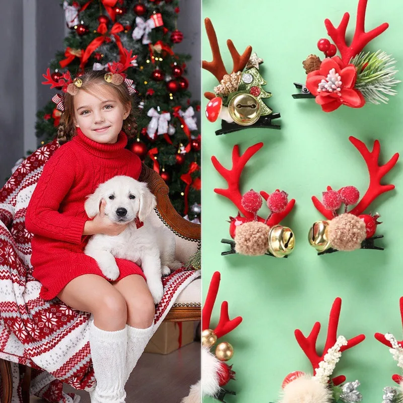 

2pcs/set New Christmas Deer Antler Hair Clips for Girls Festive Bell Hairpins Reindeer Ear 3D Stereo Hair Clip Photo Props Pair