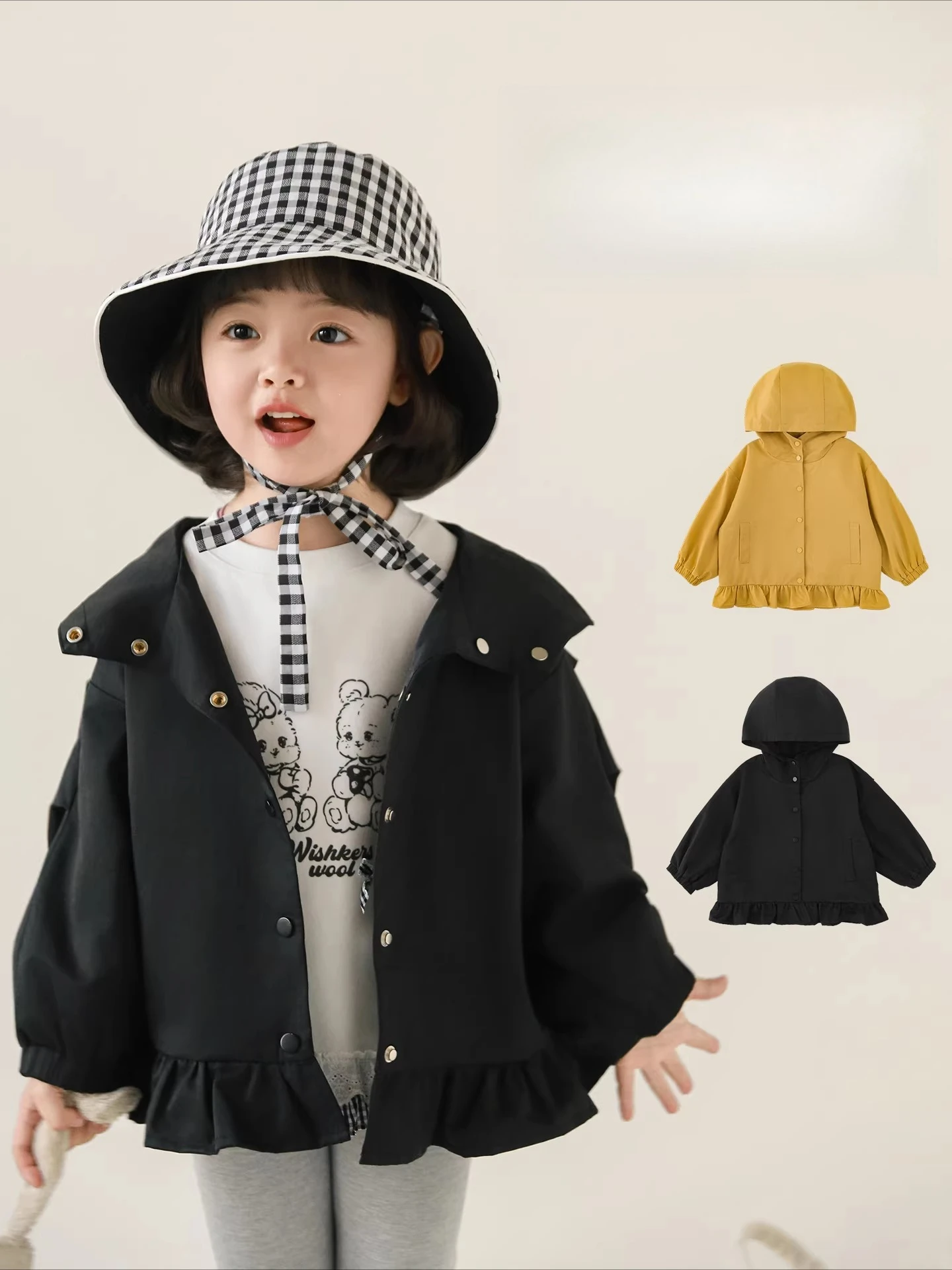 2026 Spring Girls Solid Hooded Trench Coat Loose Casual Kids Versatile Top Comfort 3-12Y