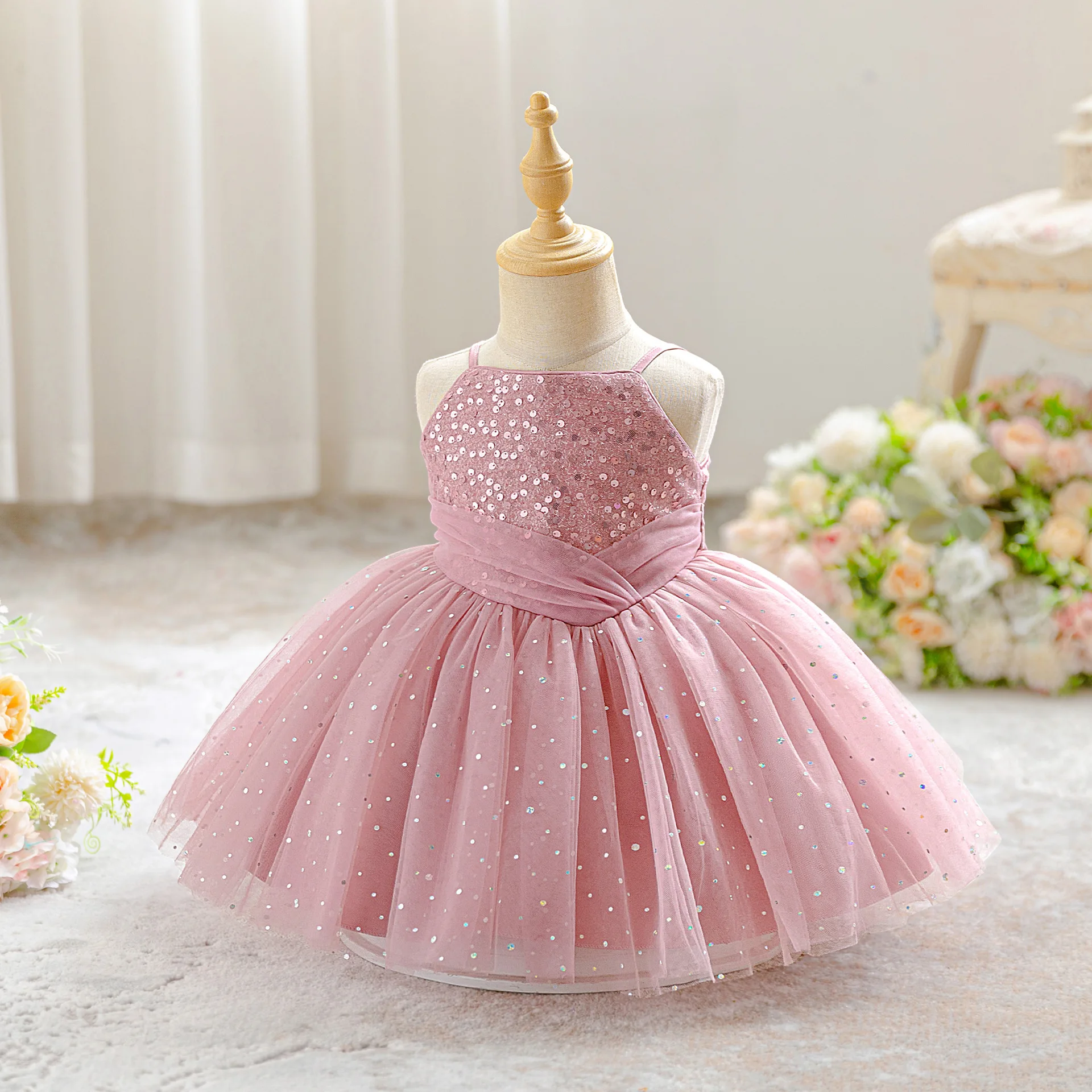 HETISO Baby Girls Dress Pink Sequined Elegant Infant Tulle Sling Princess Ball Gown For Baptism Wedding 1 Year Birthday