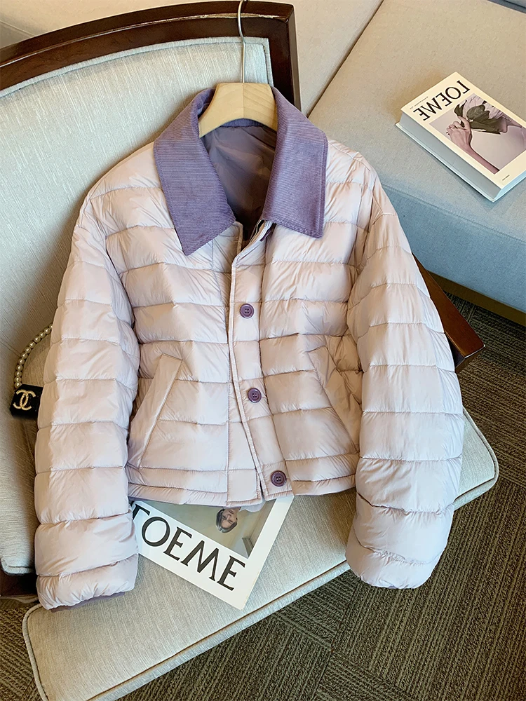 

Светло-фиолетовый вельветовый лоскутный воротник, теплая хлопковая куртка, женская осенне-зимняя корейская одежда, маленький размер, простой универсальный хлопок...