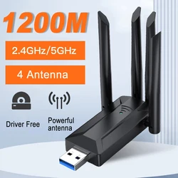 Placa de rede sem fio de alta velocidade, 1200m, 2.4G, 5G, Dual Band, USB, Adaptador WiFi para PC, Laptop, 4 Antena, Transmissor de sinal