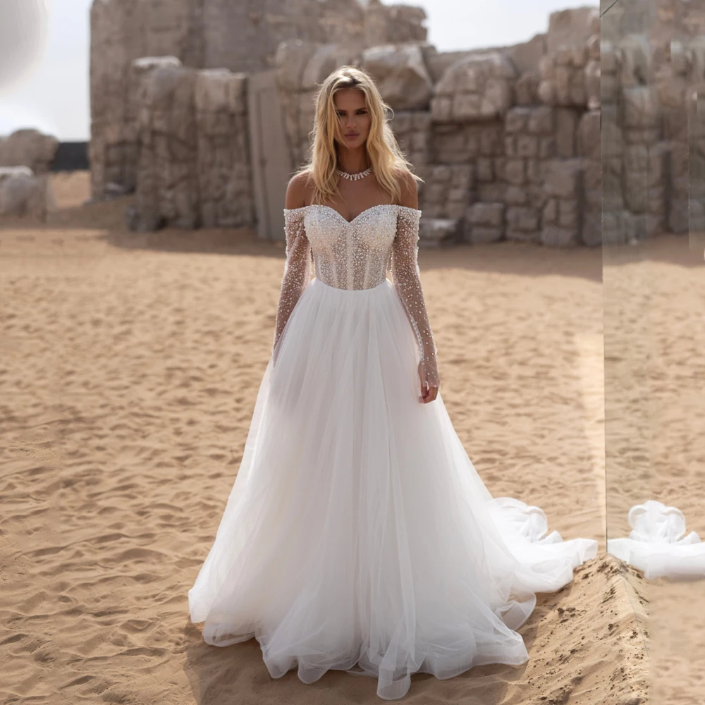 

Luxury Wedding Dresses For Women A Line Beaded Bridal Gowns Off Shoulder Long Sleeves Robe Vestidos De Novia Customized 2025
