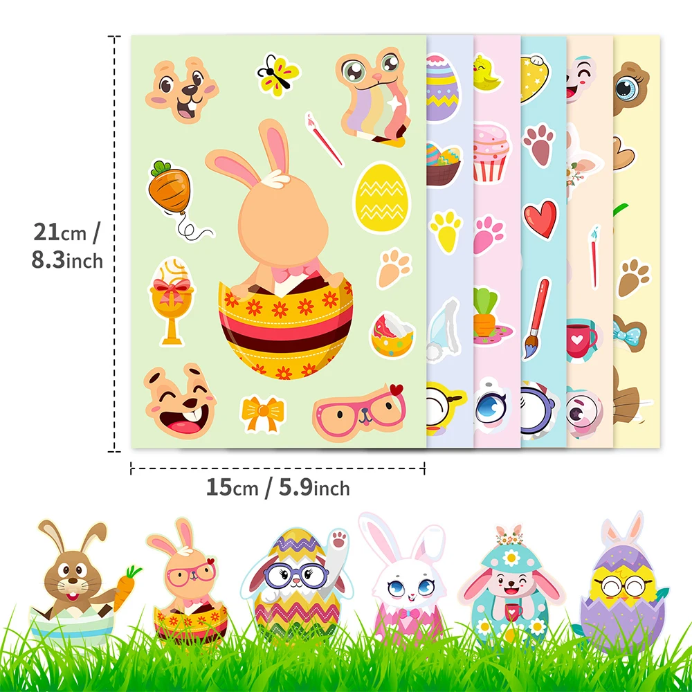 6/12 Vellen Schattige Easter Konijn Puzzel Stickers Maken Een Gezicht Games Diy Speelgoed Feestdecoratie Assembleren Puzzel Sticker Voor Kinderen Sticker