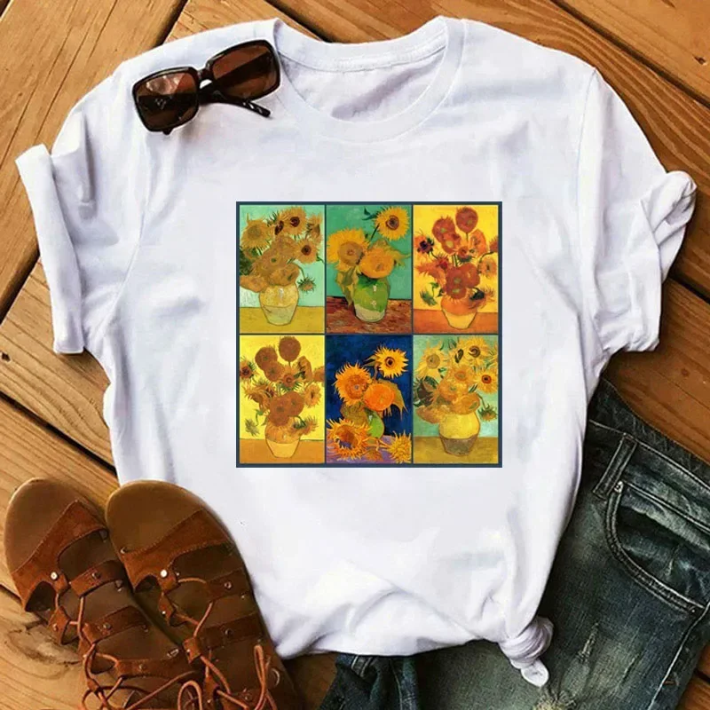 Sunflower Printed T-shirt Van Gogh Art Tee Shirts Fashion Women Tops Tee Harajuku T-shirts Female Tee Clothes Camiseta Femina