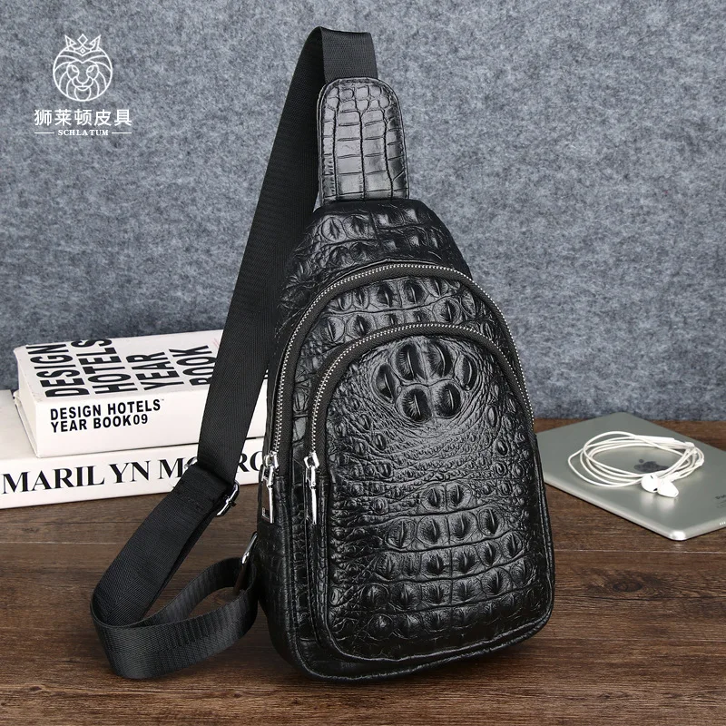 Crocodile print men's genuine leather single-shoulder chest bag, cowhide crossbody men's large-capacity front shoulder bag