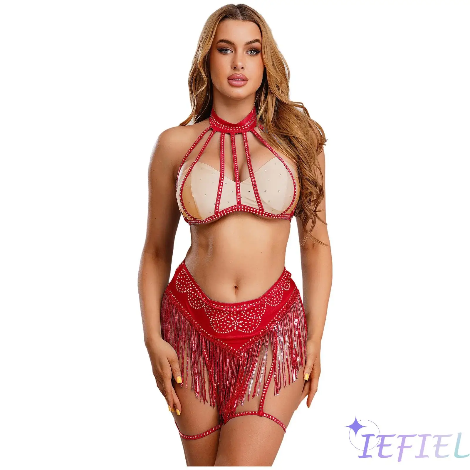 

Womens 2PC Belly Dance Set Rhinestone Halter Cage Crop Top And Sequin Tassel Briefs with Garter Thigh Bands for Stage Club Raves