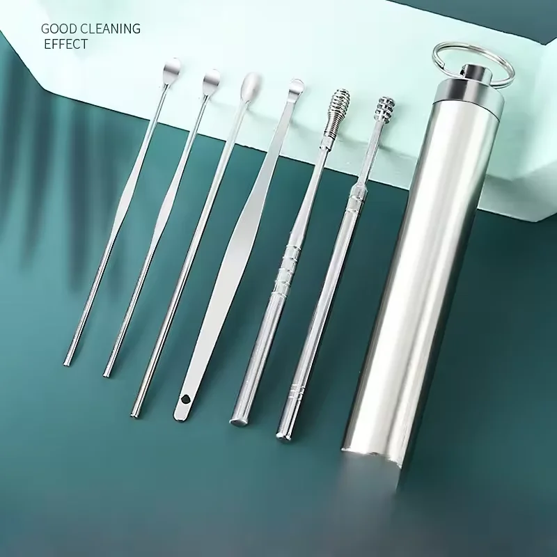 

Stainless Steel Ear Wax Removal Tool 6 Piece Set Spiral Rotating Ear Scoop Portable Cleaner for Safe Ear Care