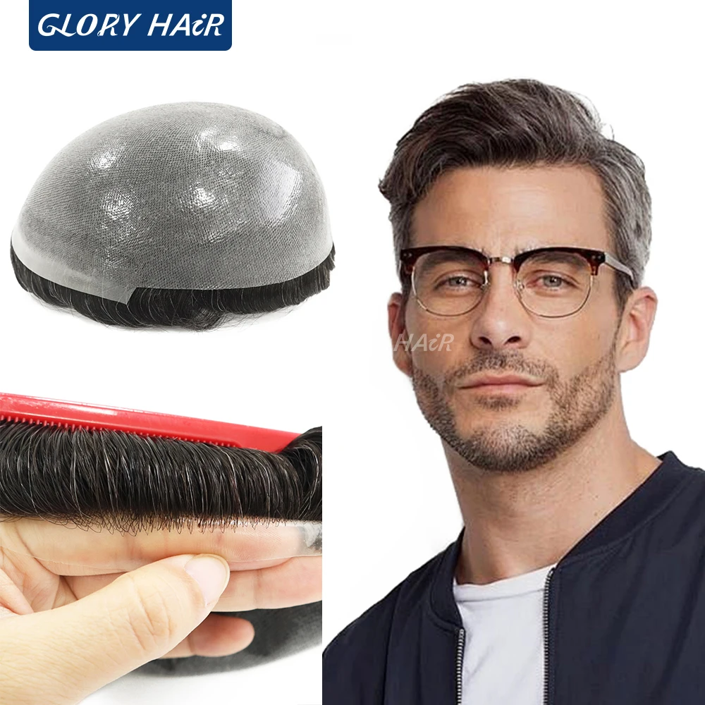 8-10mil Thin Skin Toupee Hair Prosthesis Wig Male 115% Density V Loop Front With Knots Men's Hairpiece Looks Natural