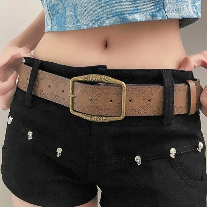 Vintage Embossed Belt Women Girls Y2K Brown Square Buckle Belt Exquisite Versatile Hip Hop Pu Leather Belts Fashion Accessories