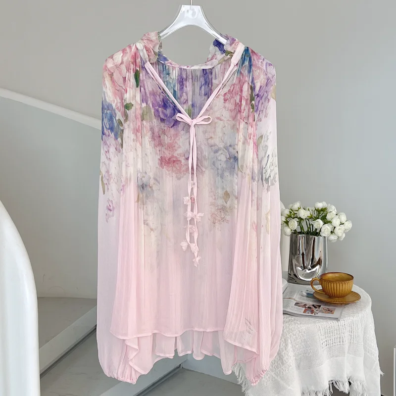 

Fashion Sweet Loose Romantic Print with V-neck Loose Long-sleeved Shirt for Women French Spring Summer Wedding Pink Shirt