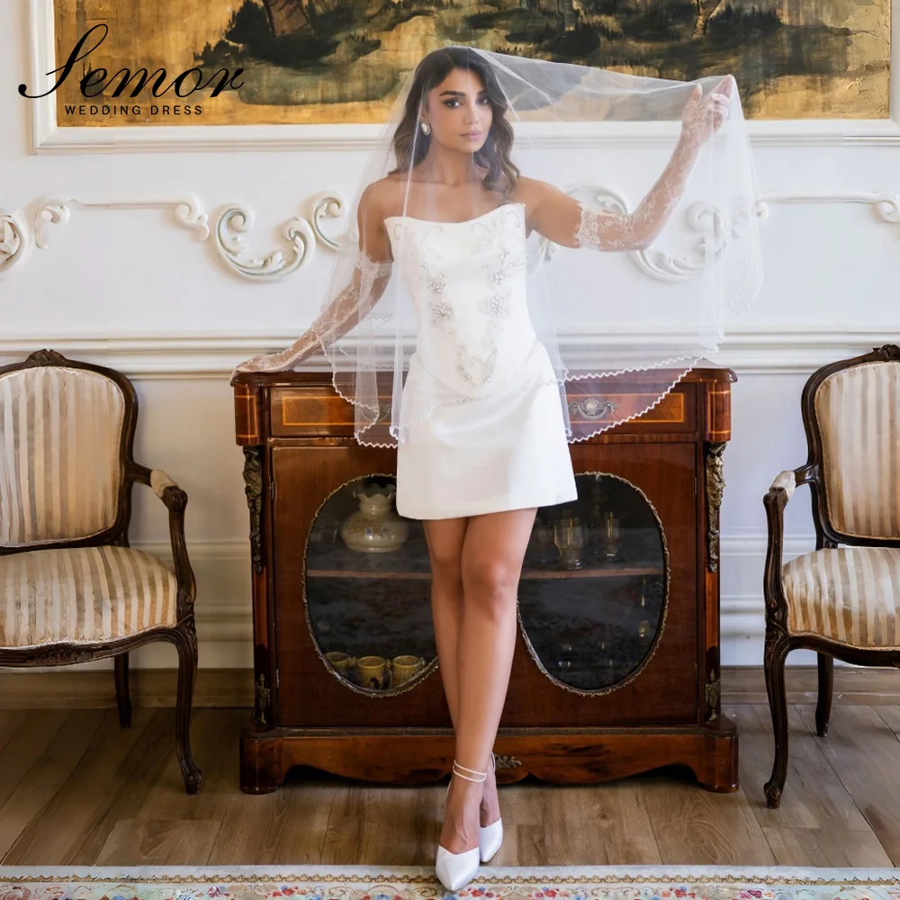 Semor Customized Off White Strapless Sleeveless Short Wedding Dress with Scarf 2026 Stain Sparkly Crystal Mini vestido de novia