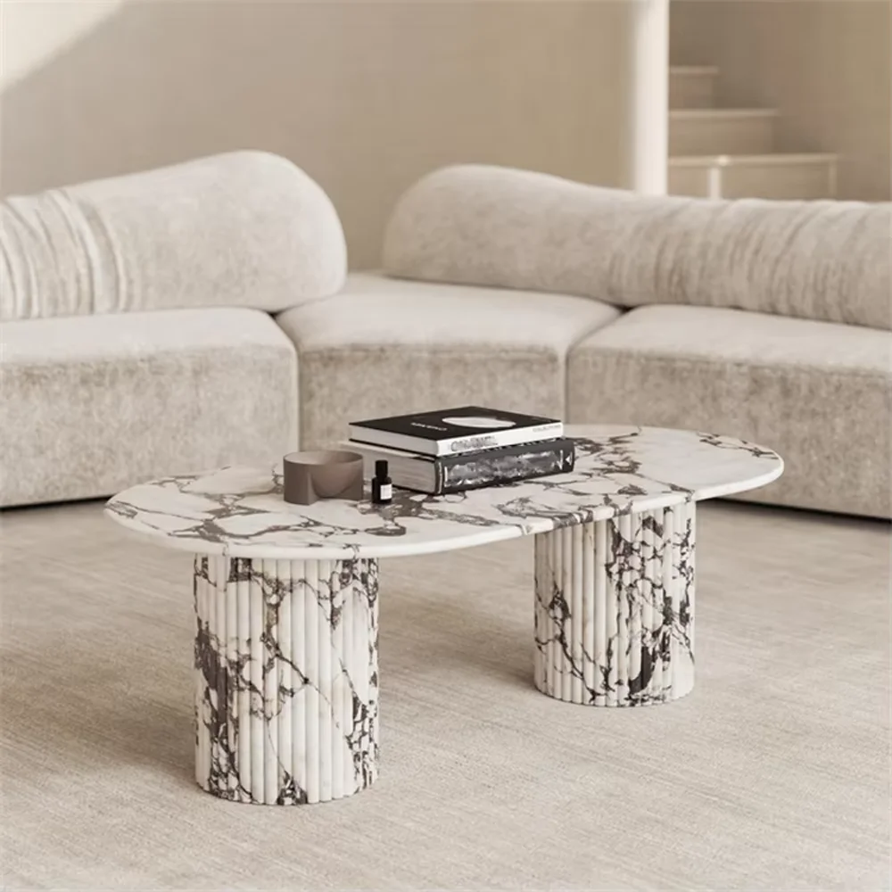 Muebles de sala de estar Mesa de centro ovalada de mármol Calacatta Viola Mesa central moderna Mesa de centro de travertino