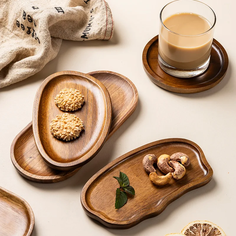 1pcs Japanese Acacia Wooden Tea Trays Customized Logo Laser Engraving Image Coffee Shop Tray Home Multifunctional Fruit Saucers