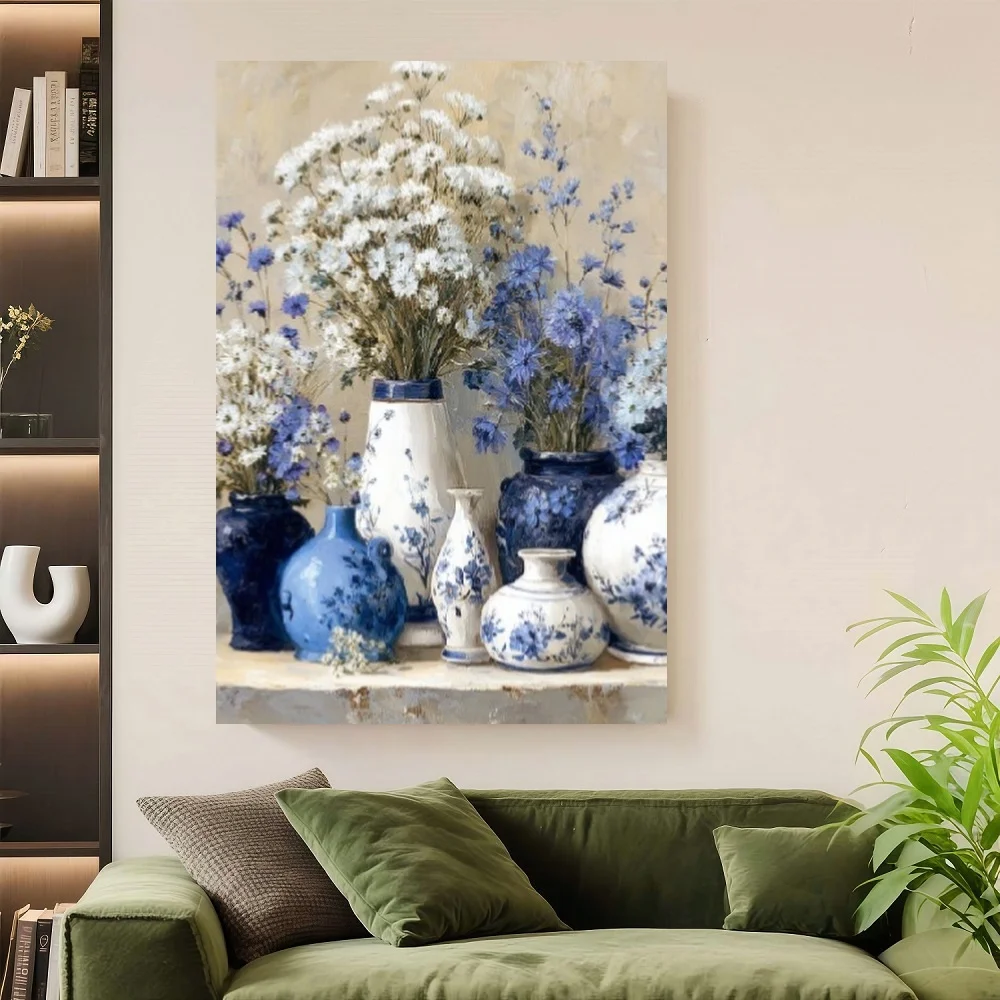 Cuadro enmarcado - Este elegante cuadro plano con estampado artístico presenta un hermoso diseño floral azul y blanco, presentado en un marco de madera. Es un