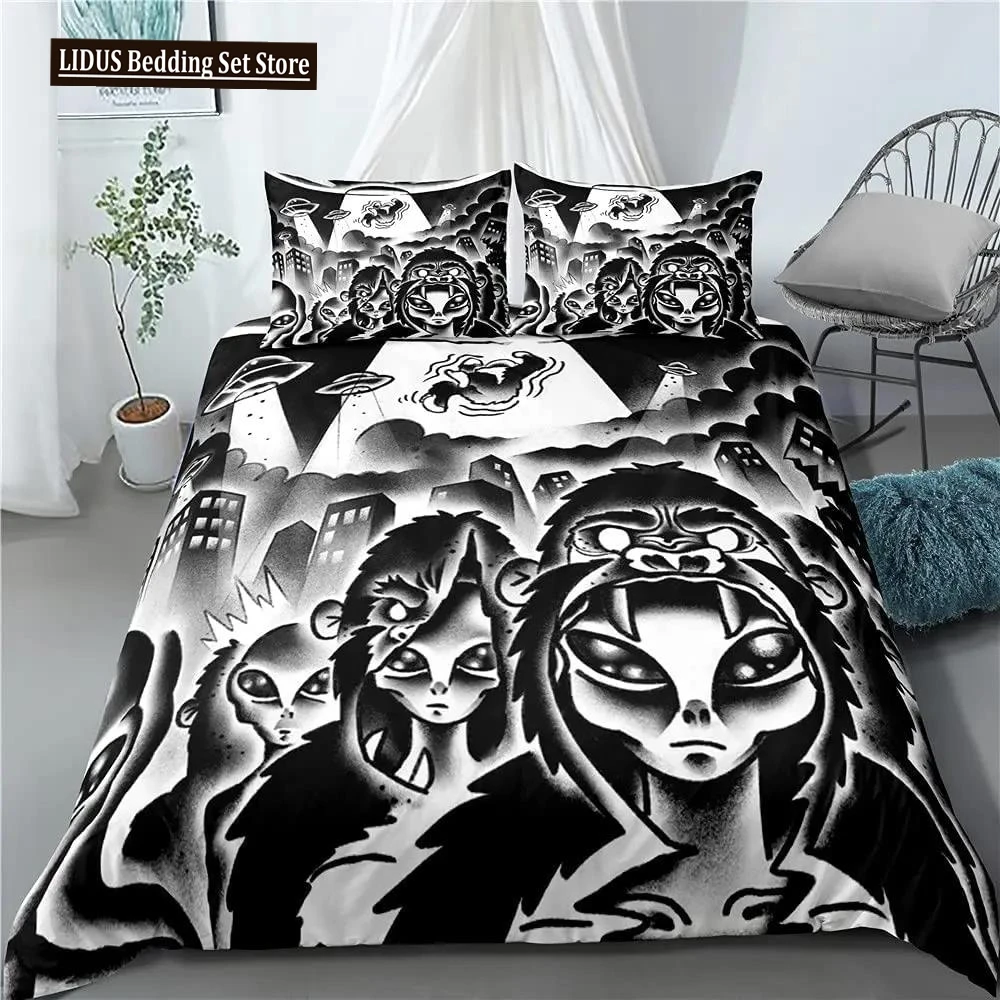 Alien UFO Duvet Cover Queen Boys Kids Supernatural Martiansal Beings From Other Planets Head Of An Alien Polyester Qulit Cover