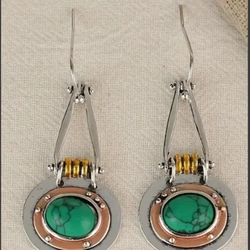 Turquoise teardrop-shaped craft wire-wound retro creative hammered earrings