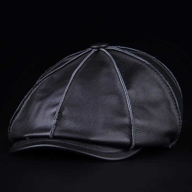 Genuine Top Grain Leather Octagonal Beret Cap For Men Warm Ear Flap Newsboy Hat Outdoor Daily Wear Spring Autumn Winter