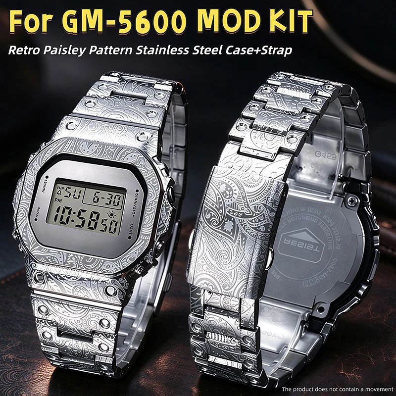 Retro Engraved GM-5600 Mod Kit Stainless Steel Case & Strap For Casio 3229 GM5600 GM-5600B/G/M/U/UB Metal Watch Replacement part