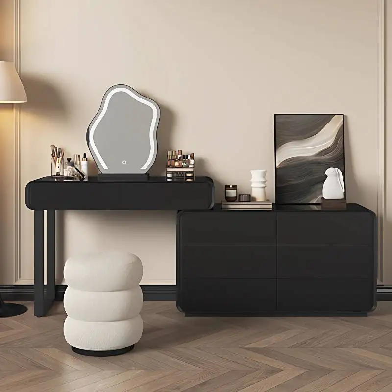 

European Decor Makeup Vanity Desk Wooden Drawer White Black Makeup Vanity Desk Mirror Corner Komody Master Bedroom Furniture