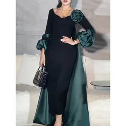 Customized Vintage Off Shoulder Party Dresses Woman Long Sleeves Flower Pleat Prom Dresses Straight Ankle-Length Eevning Dresses
