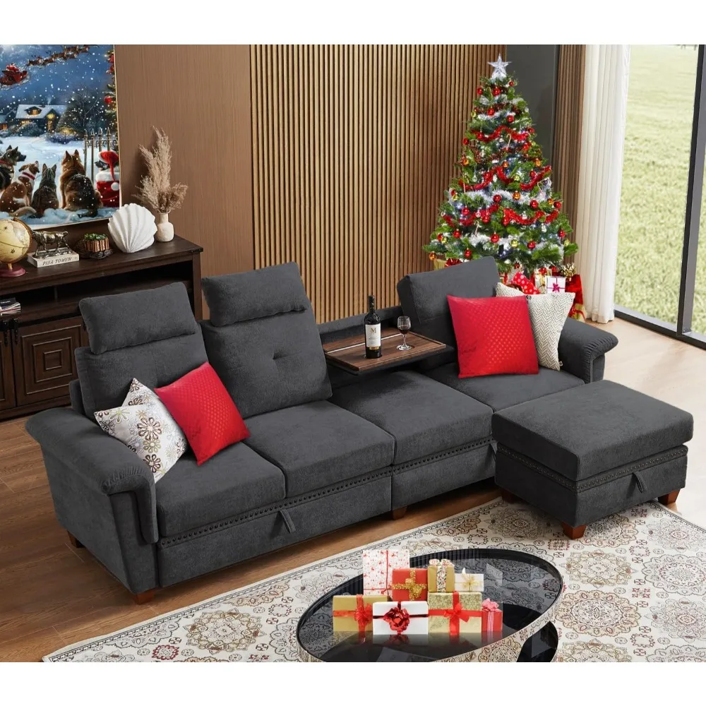 

Sectional Sofa Couches for Living Room, Convertible L Shaped Couch Modular 4 Seat Sofas with Storage Chaise & 2 Cup Holders,