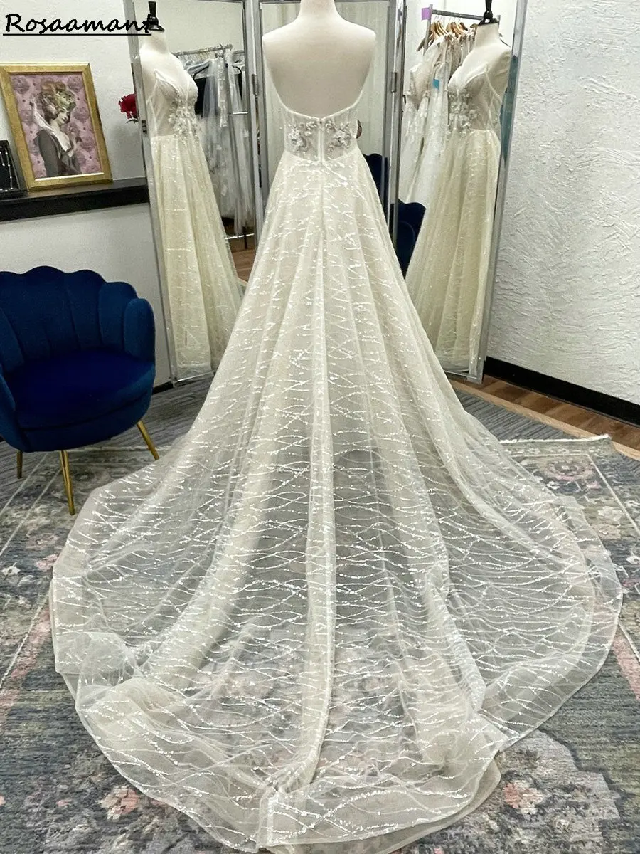 Abiti da sposa a trapezio senza spalline con illusione di cristallo con paillettes glitterate Abiti da sposa country in pizzo floreale 3D senza maniche