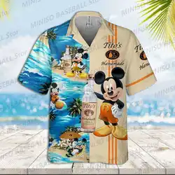 2024 New Summer Boys and Girls Disney Mickey Beach Resort Rum Cartoon Pattern 3D Printed Hawaiian Shirt Kid/Adult Beach Surf Top