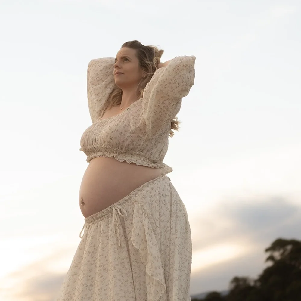 Dwuczęściowy zestaw ciążowy z szyfonu w kwiaty, sukienka w stylu boho do sesji zdjęciowych, sukienka ciążowa do sesji zdjęciowych dla kobiet.