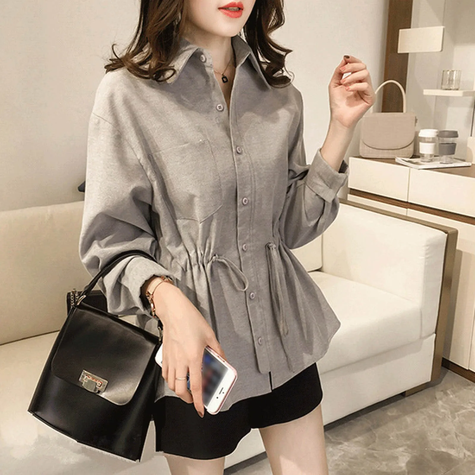 Women\'s Shirt 2024 Spring New Fashion Lapel Waisted Commuter Tops Shirt Solid Colour Large Size Casual Loose Blouse Shirt