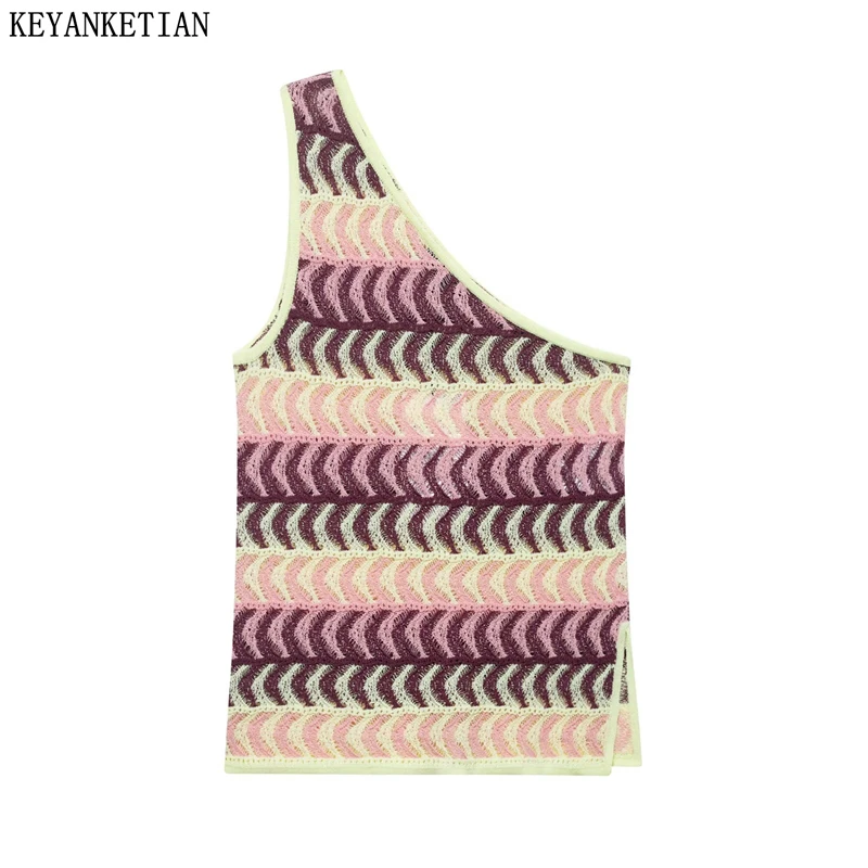 

KEYANKETIAN 2025 Summer New Women's Color Matching Striped skew collar Knit Vest Holiday wind Side Split Sheath Crop Camisole