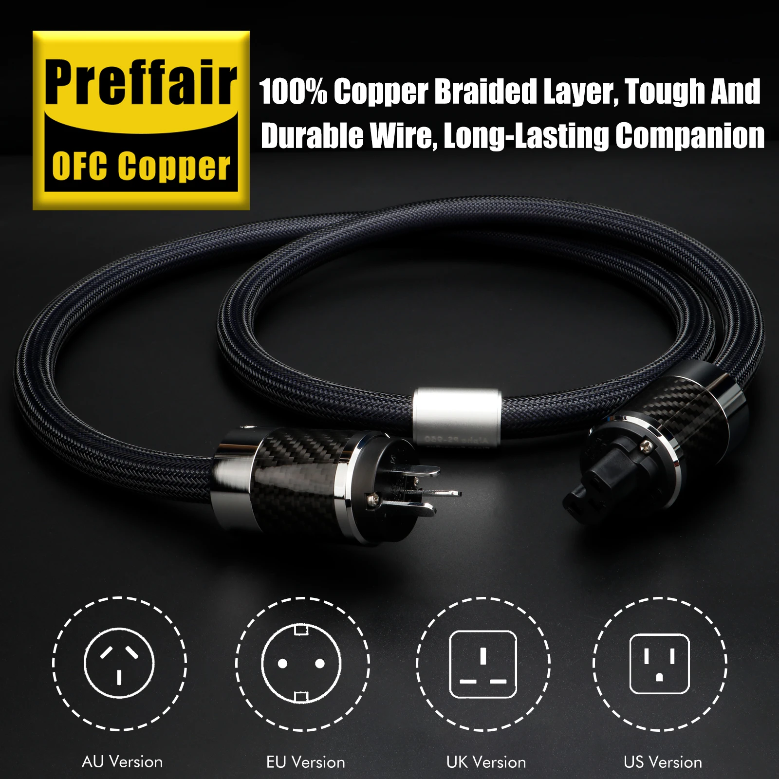 Hi-End 6N OFC Silver Plated power Cable 12AWG EU Schuko AC Power Cable EU/US/AU/UK 125V 15A Power Cord Braided Sleeve Amplifier