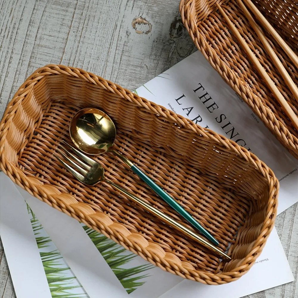 Imitation Rattan Storage Basket Faux Wicker Tray Plastic Picnic Basket Bread Food Plate Fruit Box Desk Decoration view 3