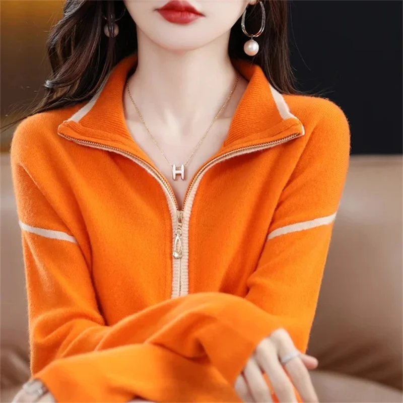 Spring Autumn Top-grade Fashion Lapel Sweater Female Joker Half-high Zipper Loose Pullovers Sweater Jumper Bottoming Women Top