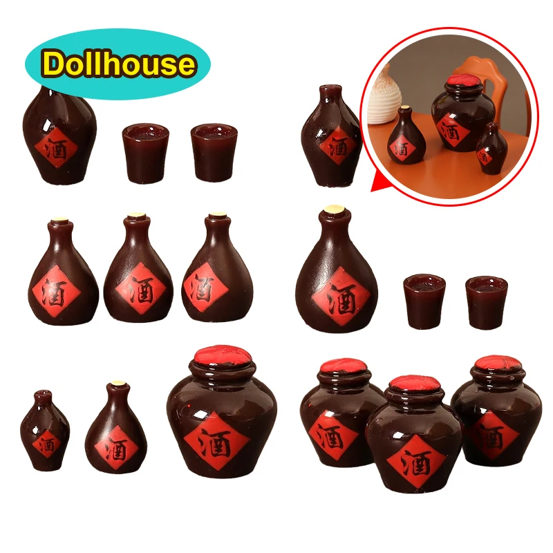 3Pcs/Set 1:12 Dollhouse Miniature Wine Jar Retro Chinese Wine Jar Wine Cup Model Kitchen Decor Toy Doll House Accessories