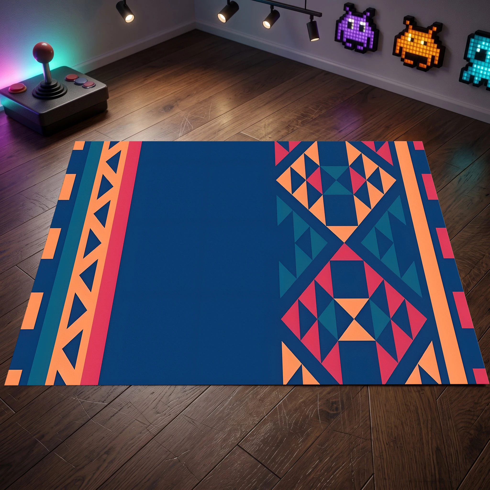 2D Carpet with Navy Color Block Ethnic Geometric Pattern in Retro Exotic Style for Living Room, Bedroom, and Bedside